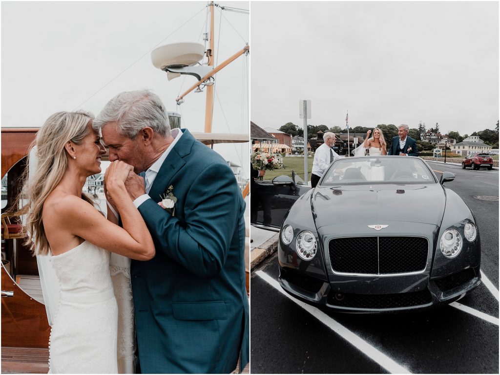 Newlyweds ride through Watch Hill Rhode Island on a Mini Cooper on the way to their wedding reception | Love, Sunday Photography