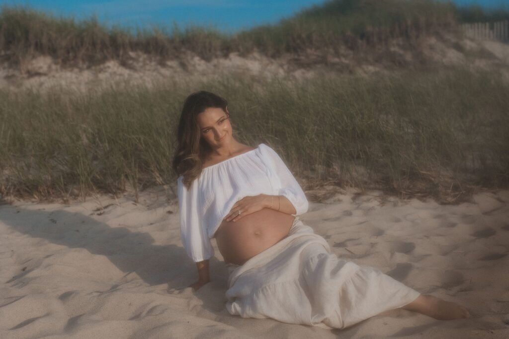 Trendy Cape Cod Maternity Photos on the Beach at Sunset