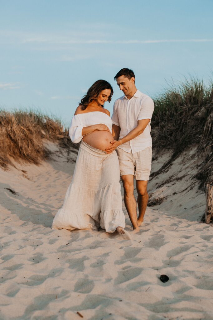 Trendy Cape Cod Maternity Photos on the Beach at Sunset