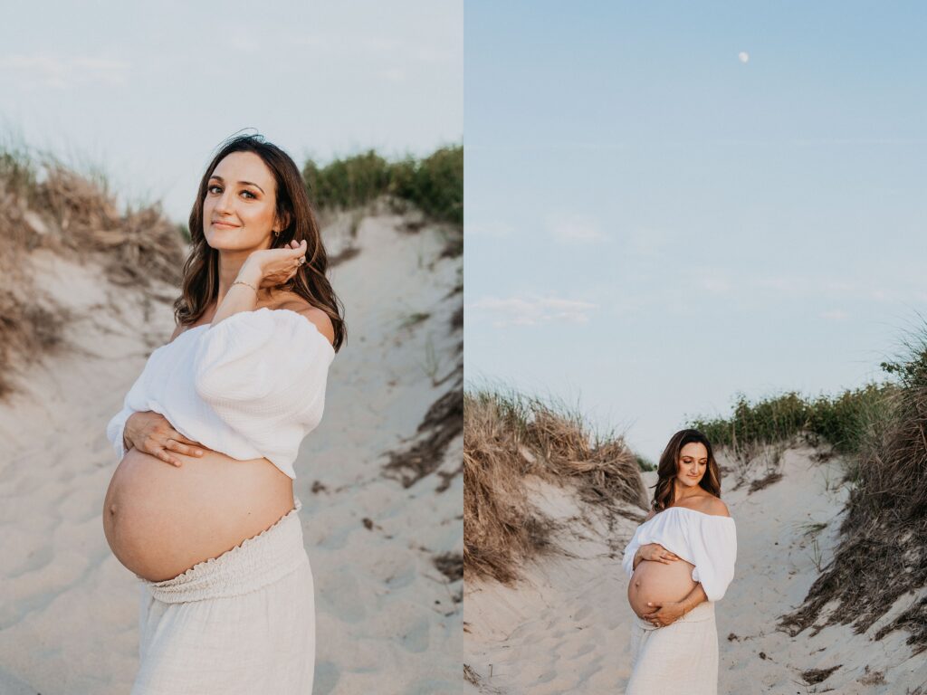 Trendy Cape Cod Maternity Photos on the Beach at Sunset